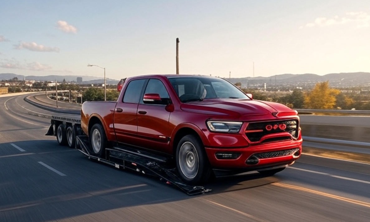 Black Friday 2025 car deals driving auto transport demand – 2025 Ram 1500 loaded on open car hauler with sale badges and November calendar | Get your free car shipping quote early with Corsia Logistics