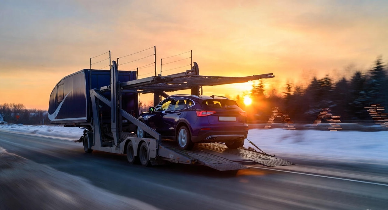 A sleek enclosed car shipping trailer loaded with a shiny new SUV, driving on a snowy highway during sunset, with holiday lights faintly visible in the background.